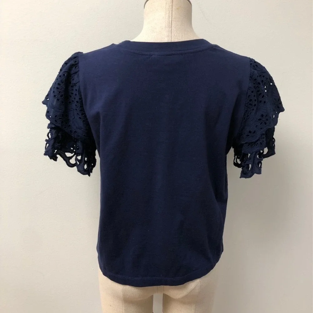 Free People T-Shirt Women Small Navy‎ Blue Eyelet Ruffle Sleeve Pocket Tee